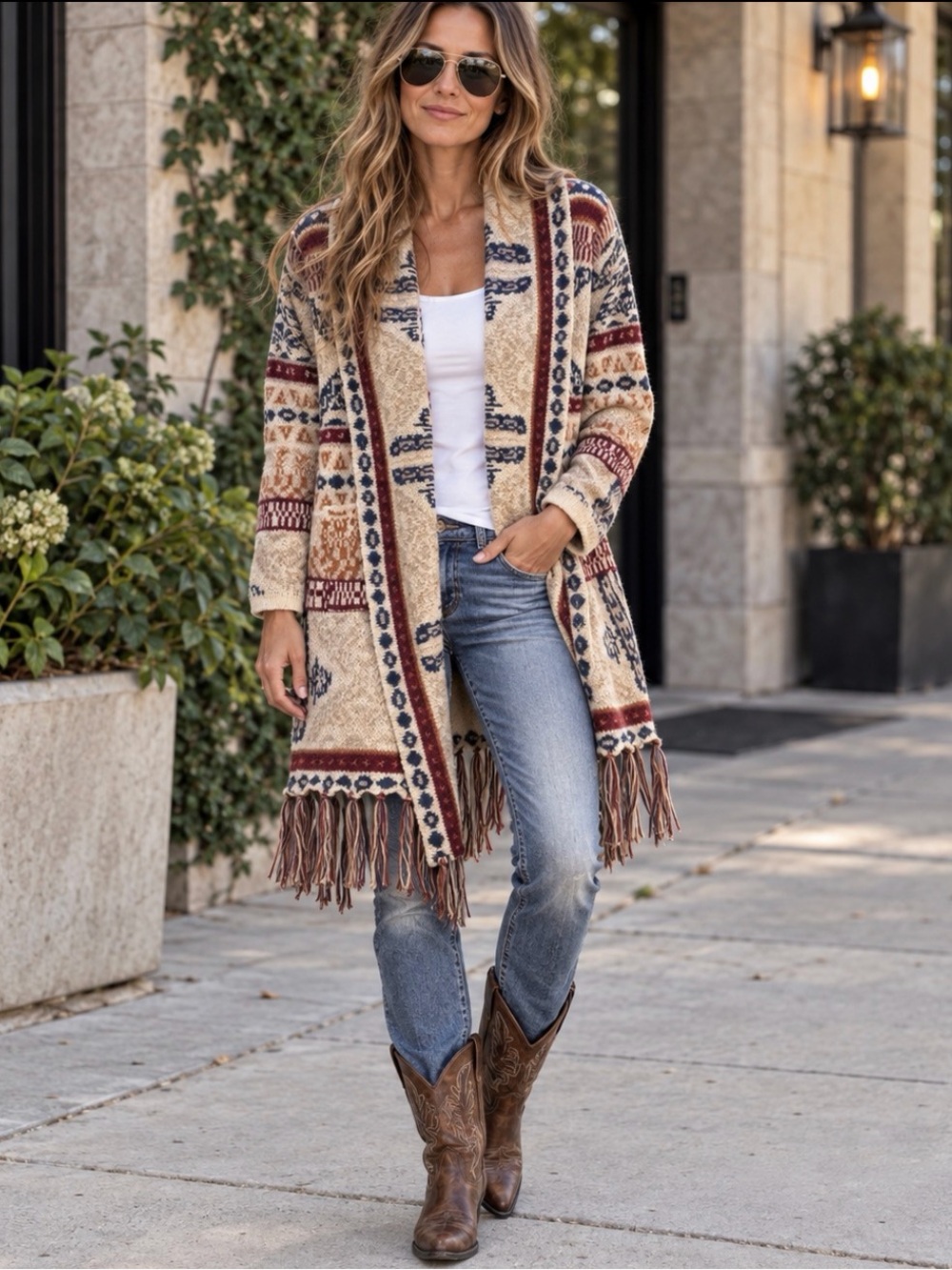 Woven Heart Cream Aztec Fringe Open-Front Cardigan with Rust and Navy